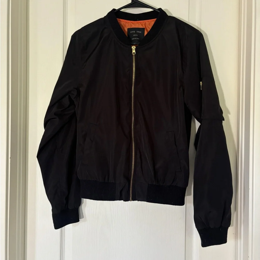 Love Tree Black Bomber Jacket Women’s Medium Orange Lining MA-1 Style Zip Front - Picture 6 of 6